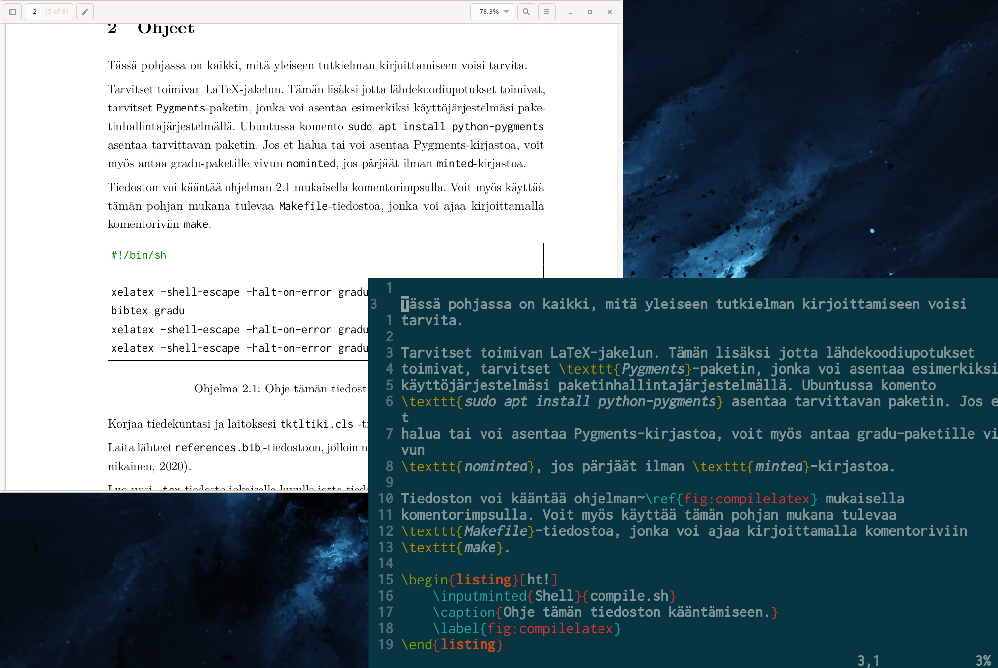 A screenshot of LaTeX code and pdf generated from it.